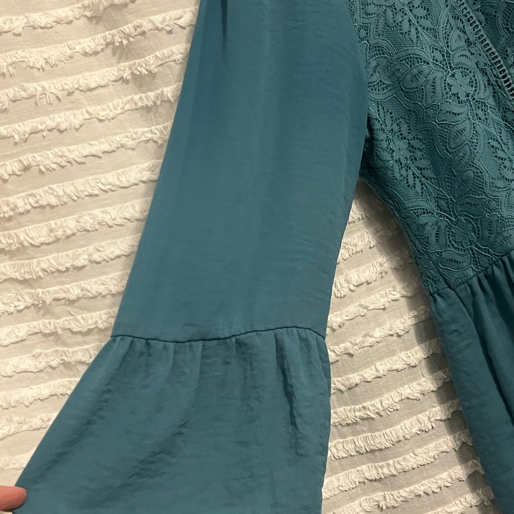 Teal Lace Peplum blouse with drop waist. Versatile top for fall or year round. - Picture 5 of 8